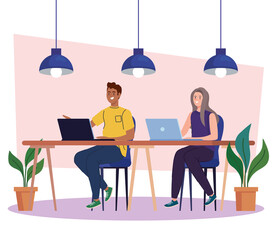 coworking space, couple on desk with laptops, team working concept vector illustration design