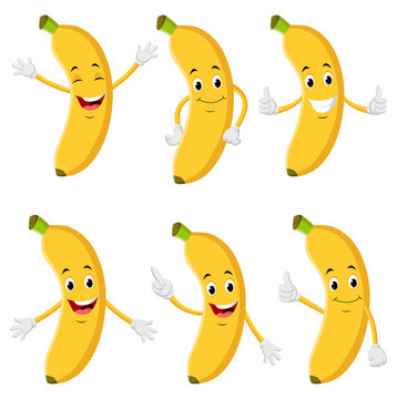 Collection of banana characters in different expressions, Funny fruit cartoon. Vector illustration 