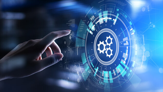 Automation, Business and industrial process workflow optimisation, software development concept on virtual screen.