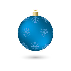 Vector volumetric blue Christmas ball with blue snowflake pattern, with shadows and highlights. Christmas tree toy. Isolated on white background