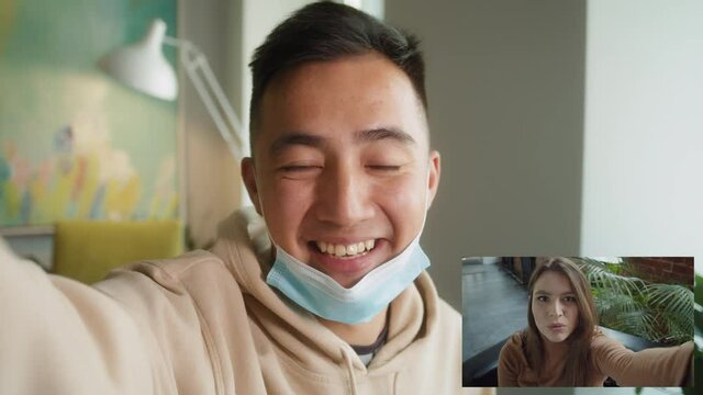 Laptop webcam screen multicam view multiethnic young friends videoconference. friends making video chat call enjoy communication, video conference multinational remote language studying