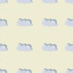 Cute winter season clouds with snow seamless pattern template. Cartoon vector illustration for games, background, pattern, decor. Print for fabrics and other surfaces.