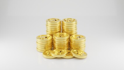 3D rendering of stacks of dollar gold coins cash money on white background.