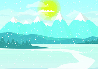 Mountains in winter. It is snowing and the sun is shining brightly. Path to the mountains. Vector