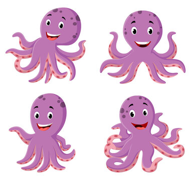 Cute cartoon octopus different expression. Vector illustration