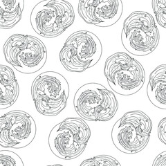 Realistic chinese style sea waves seamless pattern template. Cartoon vector illustration in black and white for games, background, pattern, decor. Print for fabrics and other surfaces. Coloring paper