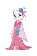 A beautiful white cat wearing pink kimono dress and flower clasp
