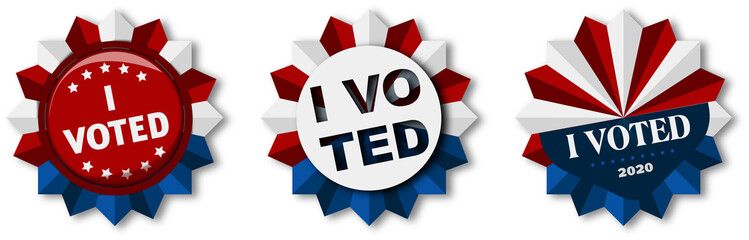 Vektor Banner Vote 2020, I Voted, Pr&auml;sidentschaftswahlen, Pin mit wei&szlig;en, roten und blauen Elementen, Button mit Schriftzug 