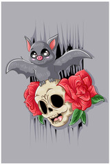 A little bat on the skull face with two rose illustration