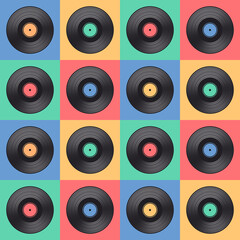Vector seamless patter with vinyl disks on colorful background made of squares