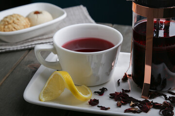 Hibiscus Tea with cookies close up