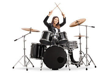 Young female drummer starting a drum session
