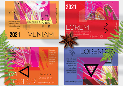 Flyer Layout with Geometric Shapes and Abstract Bright Artistic Brush Strokes