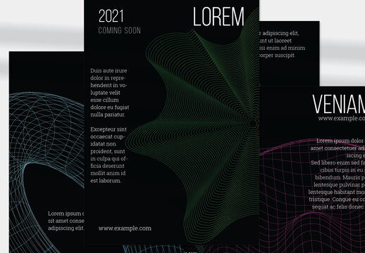 Flyer Layout with Geometric Wireframe Shapes on Black