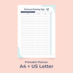 Minimalist Restroom Cleaning Sign-off Sheet, Bathroom Cleanup Schedule for Employees, Printable,
Custom planner pages template vector paper A4 and US Letter Ai, EPS 10 and PDF File