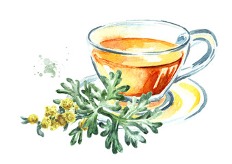 Cup of Herbal tea with fresh sprigs of medicinal plant wormwood. Hand drawn watercolor illustration isolated on white background