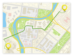 City map navigation delivery route, color check point markers design background, drawing schema, city plan GPS navigation itinerary destination arrow paper city map. Route delivery check point graphic