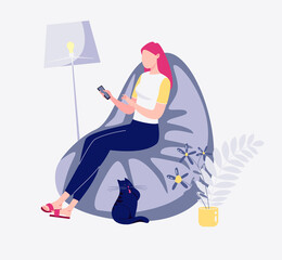 Freelance employee works home quiet pace, convenient time. Young modern woman sitting sofa, chatting social networks phone comfortable setting. Flat cartoon.