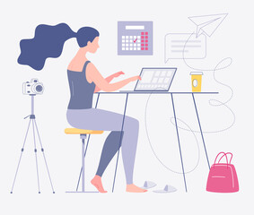 Freelance work. Young female photographer is working at home on a computer. Home interior, coworking. The concept of self-employment. The character. Vector. Flat cartoon style. Illustration.
