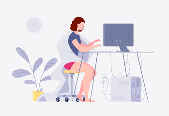 Freelance work. A young woman works at home on a computer. Home interior. The concept of self-employment. The character. Vector. Flat cartoon style. Illustration.