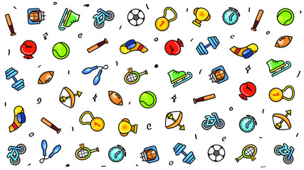 Abstract Doodle Drawn Collection Sport Hockey Dumbbell Cup Bicycle Medal Sketch Vector Design Style Background Healthy Lifestyle Fitness Illustration Icons