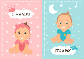 Two Baby Shower or Baby Birth card designs or announcements for a little girl and little boy in pink and blue with smiling happy babies, colored vector illustration