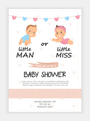 Baby Shower postcard or invitation template shoing a cute Little Man and Little miss with babies in blue and pink and copyspace for text, colored vector illustration