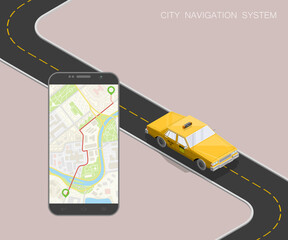 Yellow isometric taxi cab banner. Online mobile application order taxi service illustration. Flat car isometric quality banner. 3D taxi vehicle smartphone. Get a taxi online phone isometry application