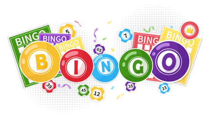 Colorful bingo game concept with balls, number tags or tiles and cards in banner format to promote a game of chance, vector illustration