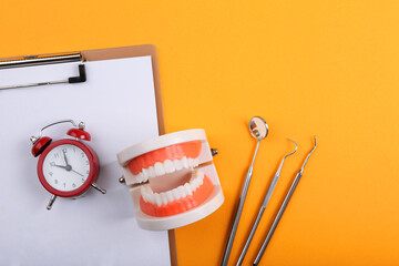 model of teeth and dental instruments and dental care products on colored background