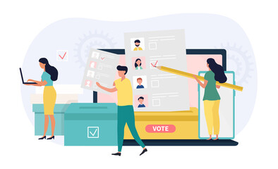 Election concept showing people voting online on a laptop, at a ballot box and completing a ballot paper, colored vector illustration