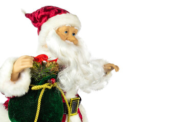 Santa Claus in a red suit and a large bag with gifts on a white background, kind of on the side.