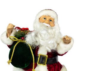 Santa Claus in a red suit and a large bag with gifts on a white background, the view from the front.
