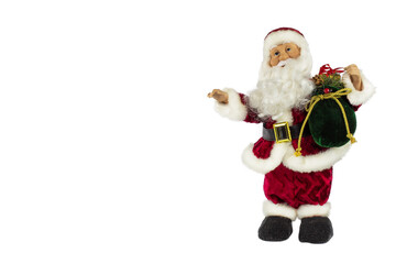 Santa Claus in a red suit and a large bag of gifts on a white background, the place under the text.