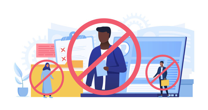 Racism And Discrimination At Work Showing Assorted People Being Excluded For Their Cultural Backgrounds In The Workplace, Colored Vector Illustration