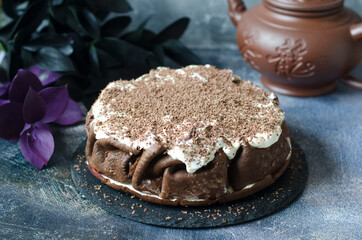 Pancake cake with cream cheese and cherries