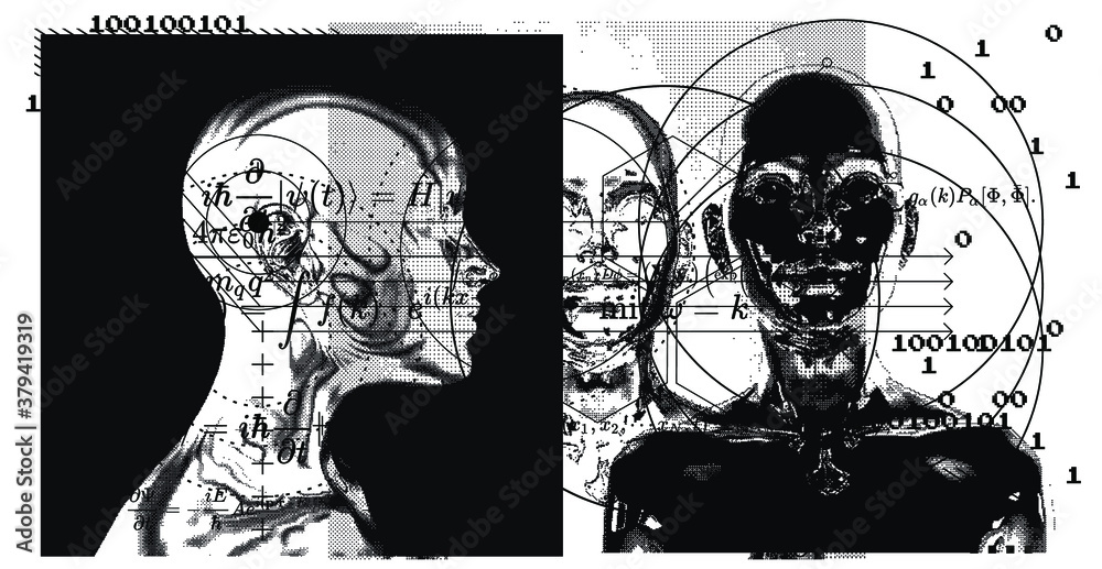 Poster Abstract technology background with binary code and human silhouette. Conceptual illustration of Artificial intelligence, Cryptography and Cyber Security.