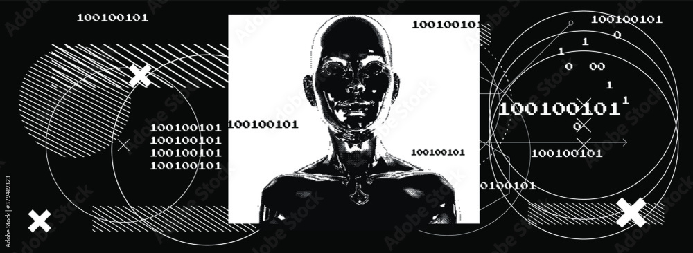 Poster Abstract technology background with binary code and human silhouette. Conceptual illustration of Artificial intelligence, Cryptography and Cyber Security.