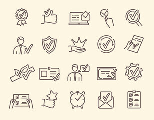 Approval, endorsement, acceptance, approvement concept. Vector set of linear icons related to accreditation, quality check and affirmation. Pictograms and infographics design elements - obrazy, fototapety, plakaty