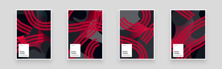 Abstract set Placards, Posters, Flyers, Banner Designs. Colorful illustration. Striped red lines and monochrome strokes. Decorative red gray geometric texture, flow shapes and gradient. Eps10 vector.