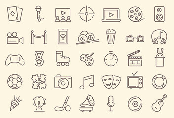 Set of vector outline icons dedicated to the theme of recreation and entertainment. Music, theater, playing cards, carousels, sports, cinema, and others.