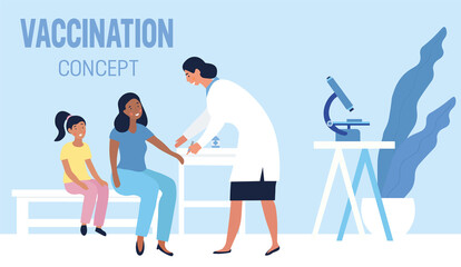 Family Vaccination concept with mother and daughter at a clinic being administered vaccinations by a doctor, colored vector illustration