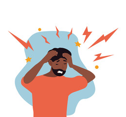 African American Man with a morning migraine clutching his throbbing head grimacing with pain, colored vector illustration. Chronic fatigue, nervous tension, stress and headache concept