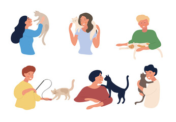 Set of six different diverse people playing with pet cats doing assorted activities isolated on white, colored vector illustration