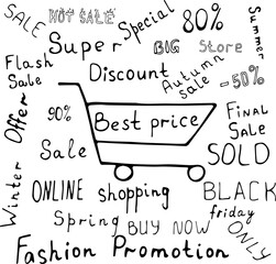 Vector illustration of shopping cart for purchases of goods with space for text in Doodle style. Words on the topic of sales, trade, purchases, sales. Can be used for fabric, textiles, paper