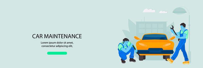 Auto mechanic and car maintenance service banner with cartoon characters of mechanics working in garage. Maintenance and car repair center ad, flat vector illustration.