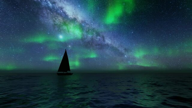 Beautiful northern lights sailboat Sea landscape. 4k