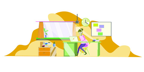 vector - girl busy working in modern office vector illustration.