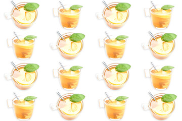 Background with cups of tea with lemon and mint. Concept drink