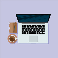 Laptop with coffee with work notebook illustration. flat icon concept isolated. flat cartoon style vector